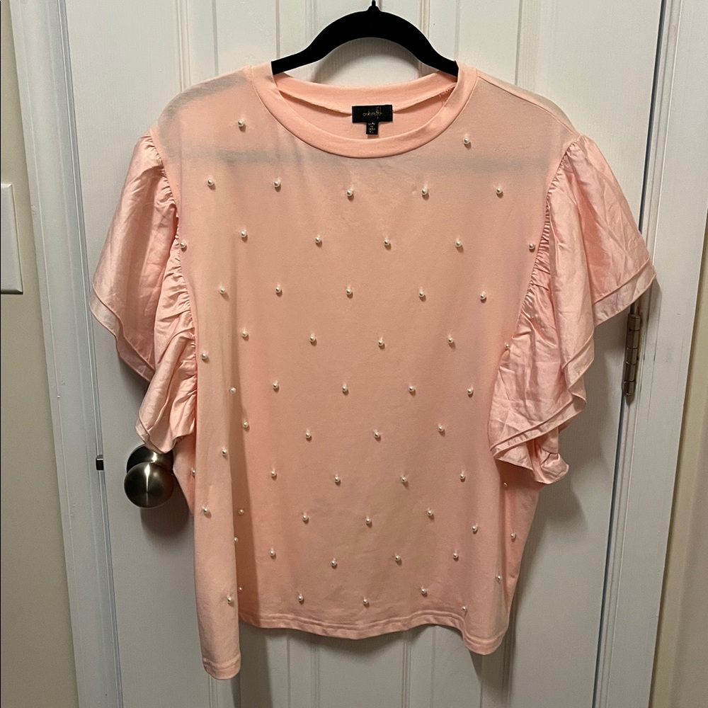 Pink Ruffle Sleeve Top with Pearl Accents